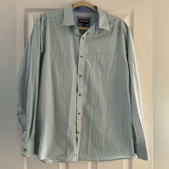 Johnston & Murphy Blue Cream Print Cotton Button Down Shirt Size Large - Picture 1 of 8